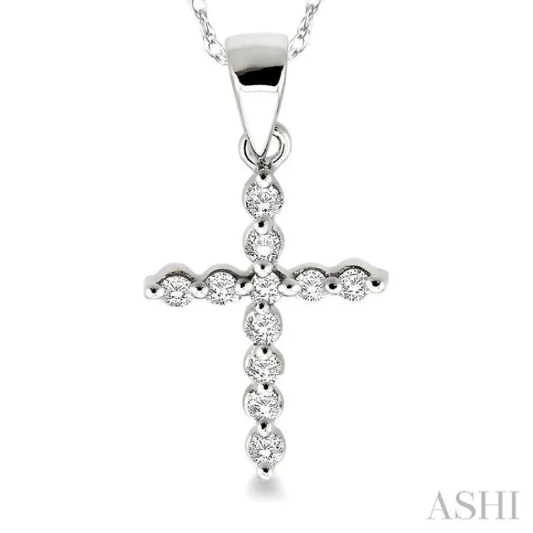 1/10 ctw Round Cut Diamond Cross Petite Pendant in 14K White Gold with Chain
