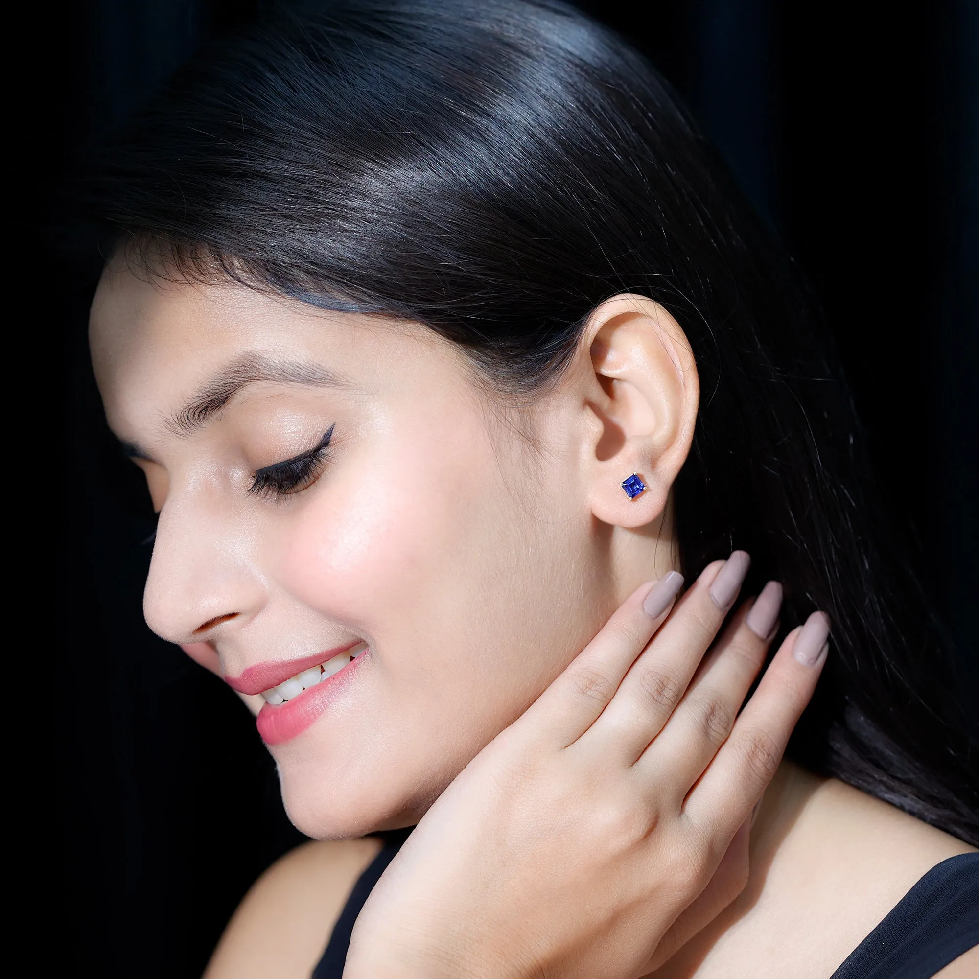 1.50 CT Princess Cut Created Blue Sapphire Solitaire Stud Earrings