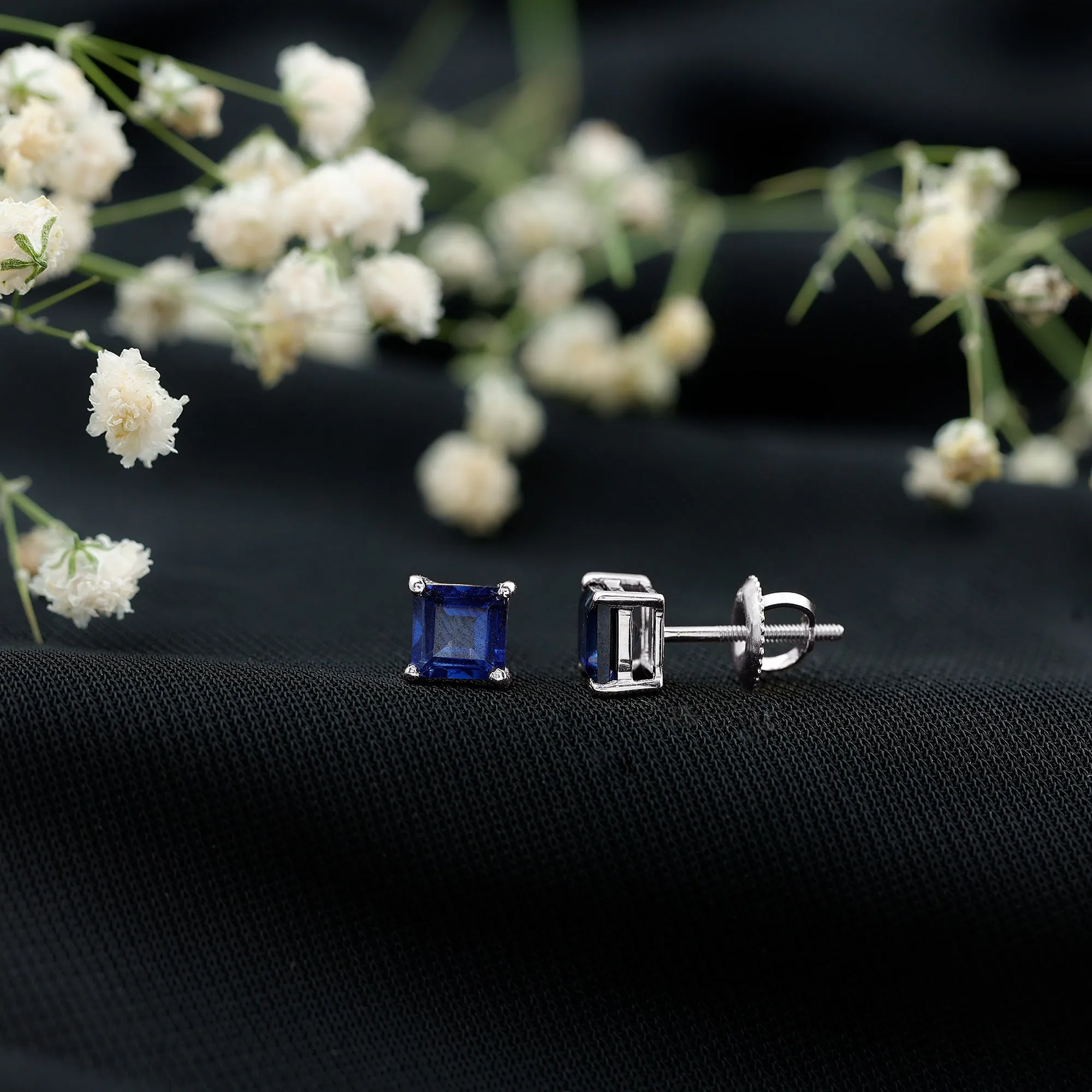 1.50 CT Princess Cut Created Blue Sapphire Solitaire Stud Earrings