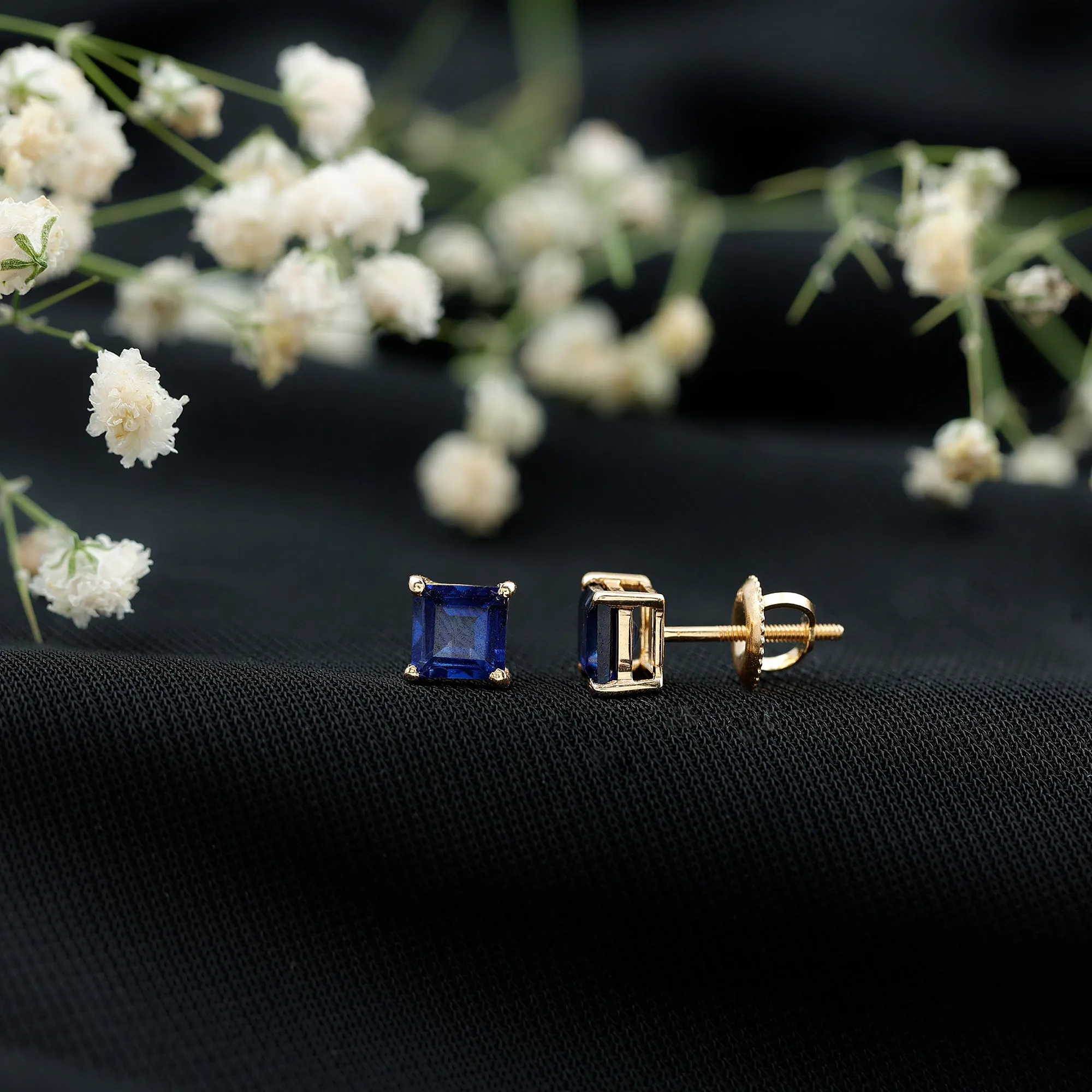 1.50 CT Princess Cut Created Blue Sapphire Solitaire Stud Earrings