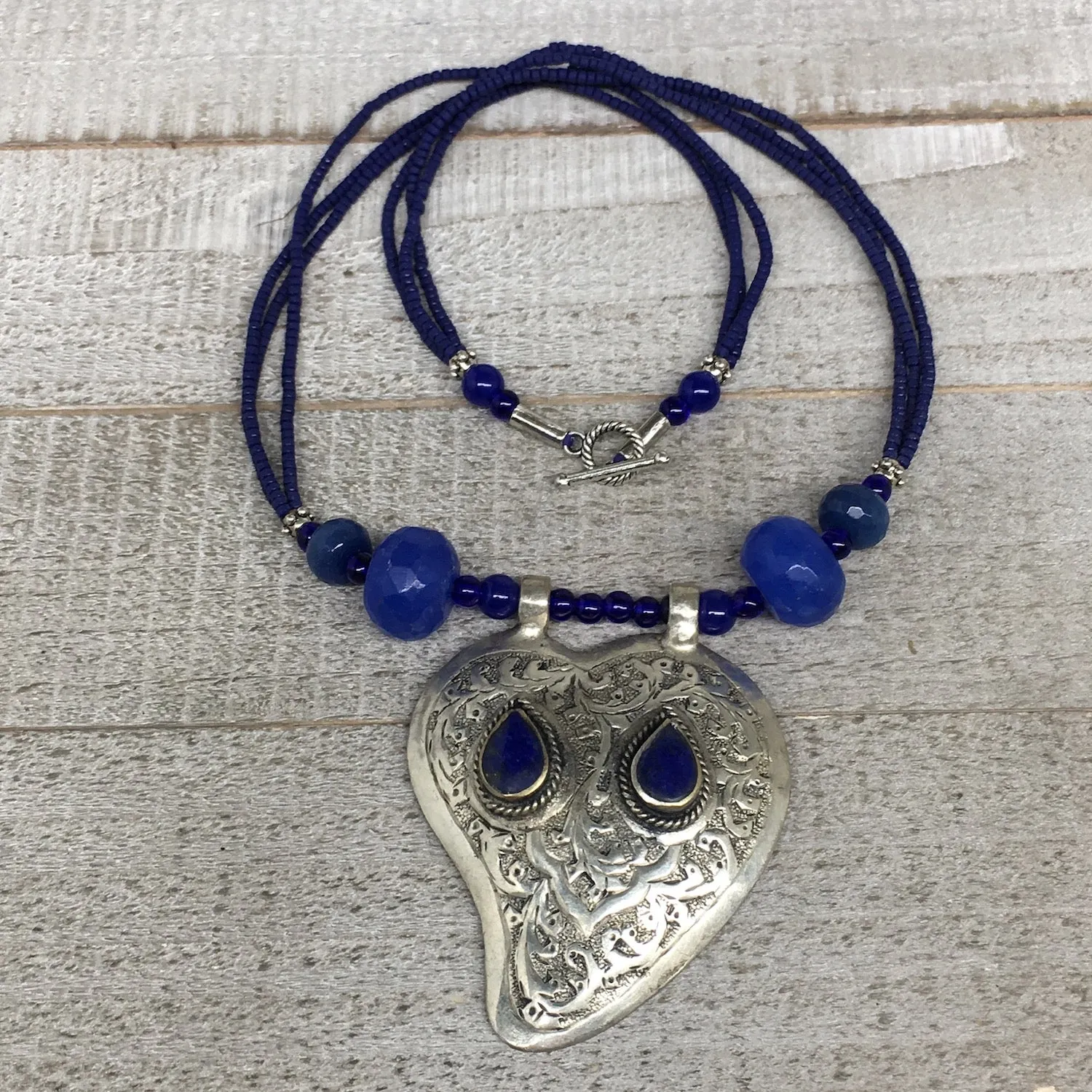 1pc,Turkmen Necklace Pendant Statement Tribal Lapis Lazuli Beaded,20-21",BN87