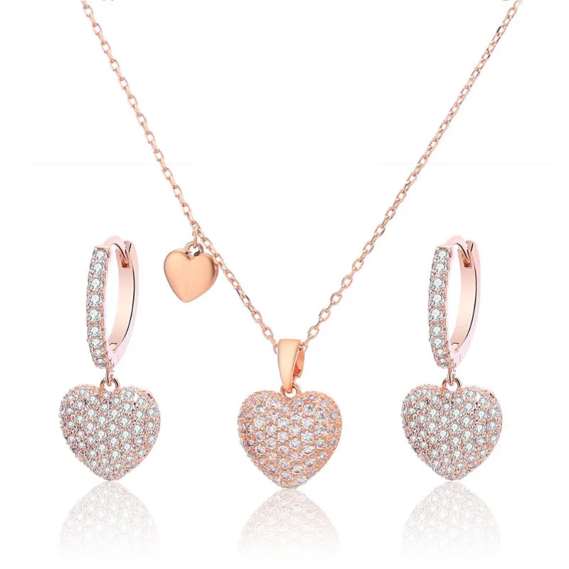Alluring Zircon Embellished Love Heart Drop Earrings and Necklaces