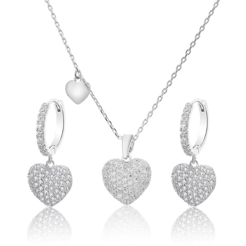 Alluring Zircon Embellished Love Heart Drop Earrings and Necklaces