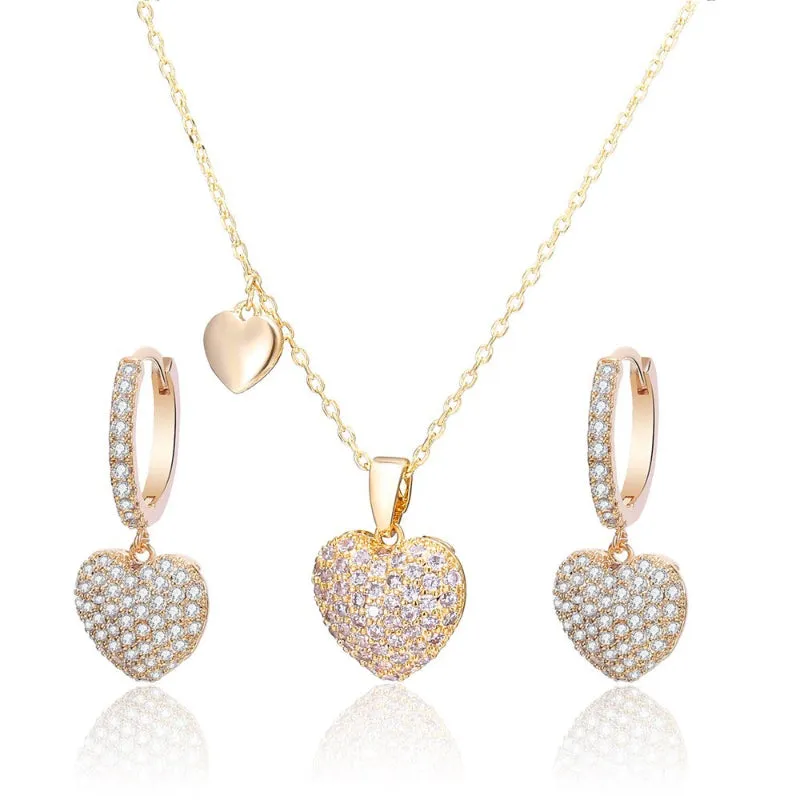 Alluring Zircon Embellished Love Heart Drop Earrings and Necklaces