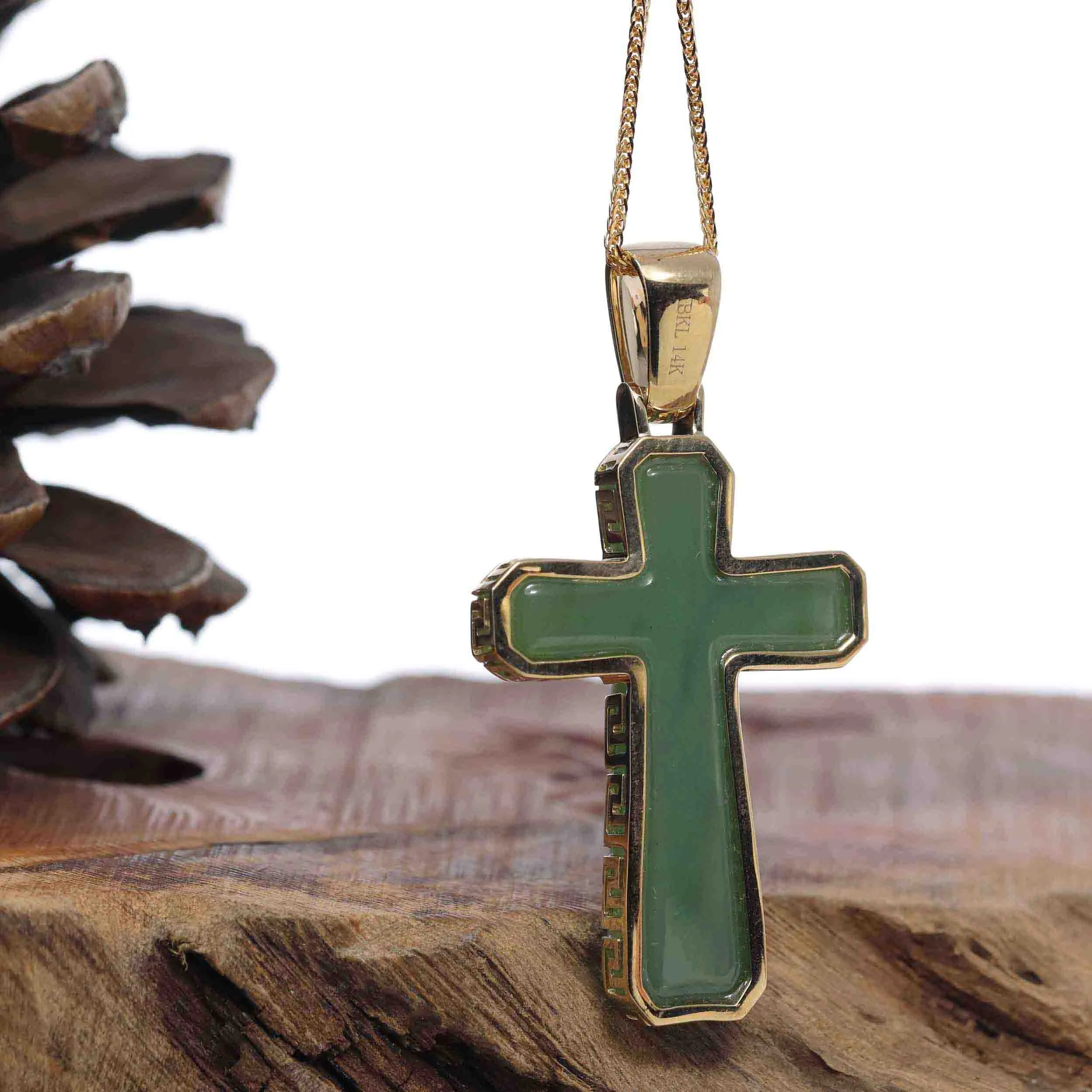 Baikalla High-end 14K Yellow Gold Natural Green Nephrite Jade Cross Pendant