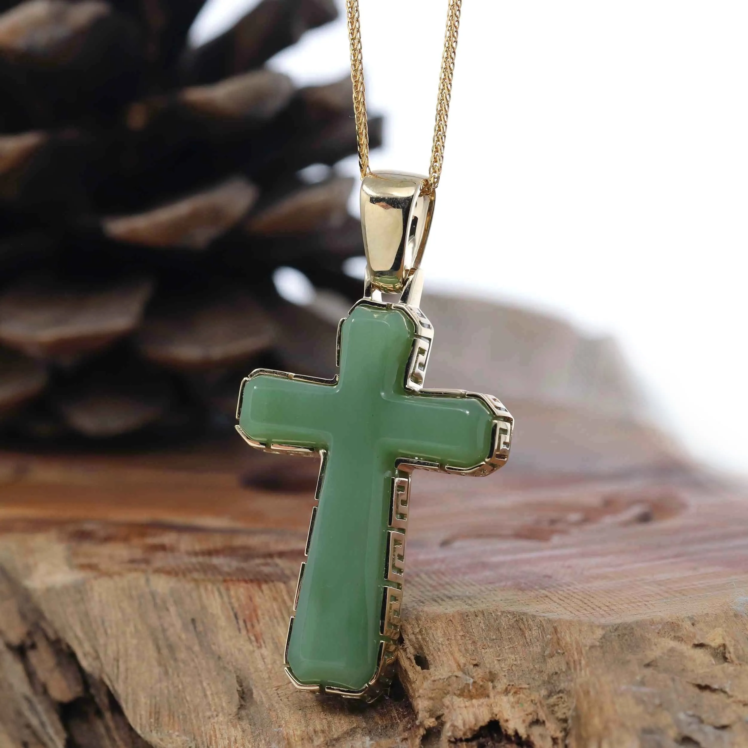 Baikalla High-end 14K Yellow Gold Natural Green Nephrite Jade Cross Pendant