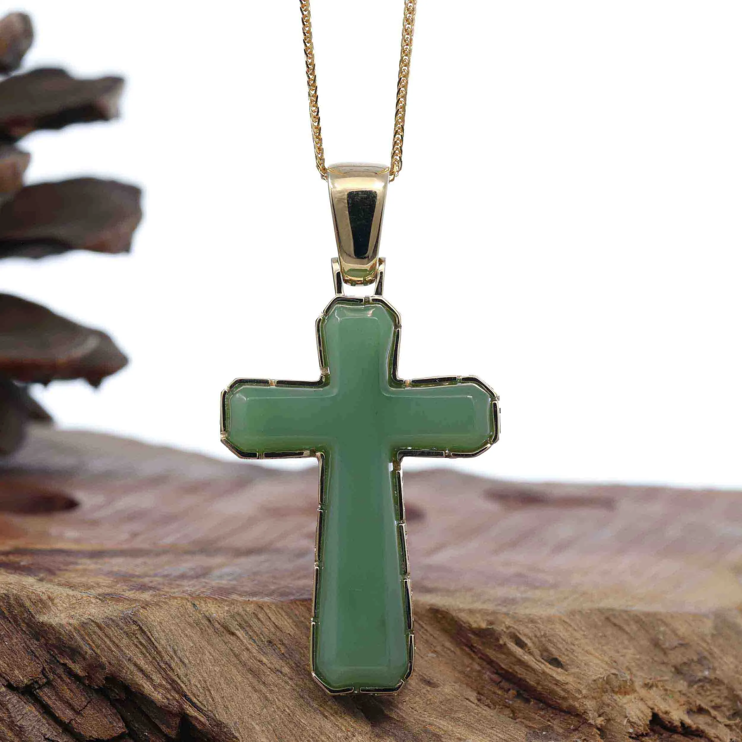 Baikalla High-end 14K Yellow Gold Natural Green Nephrite Jade Cross Pendant
