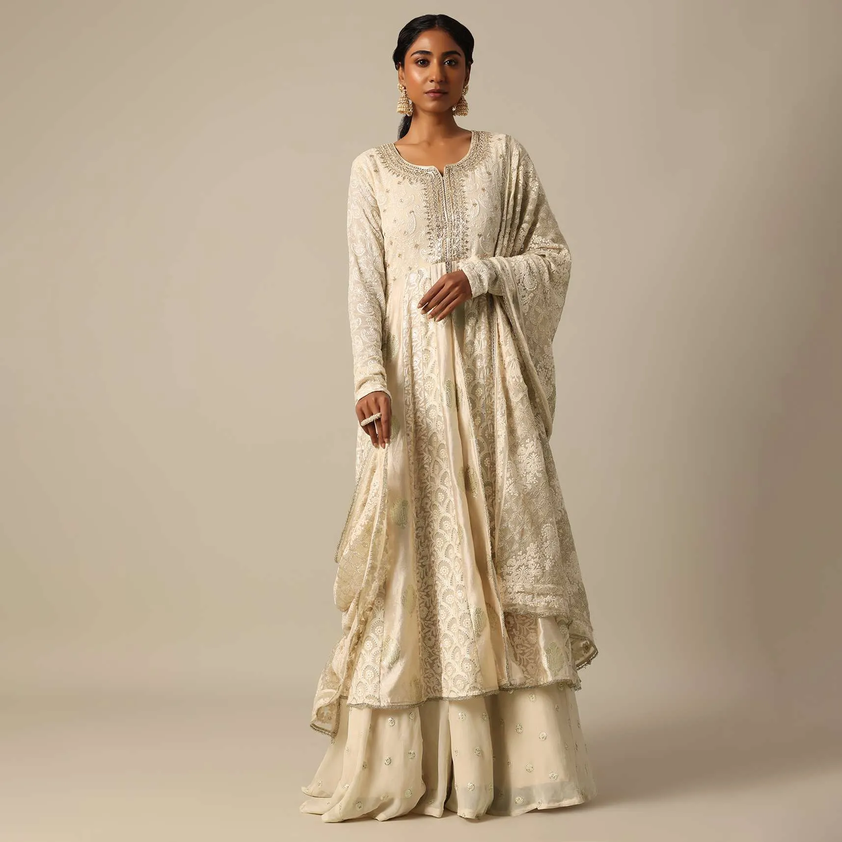 Beige Lucknowi Kurta Skirt Set With Sequin Work