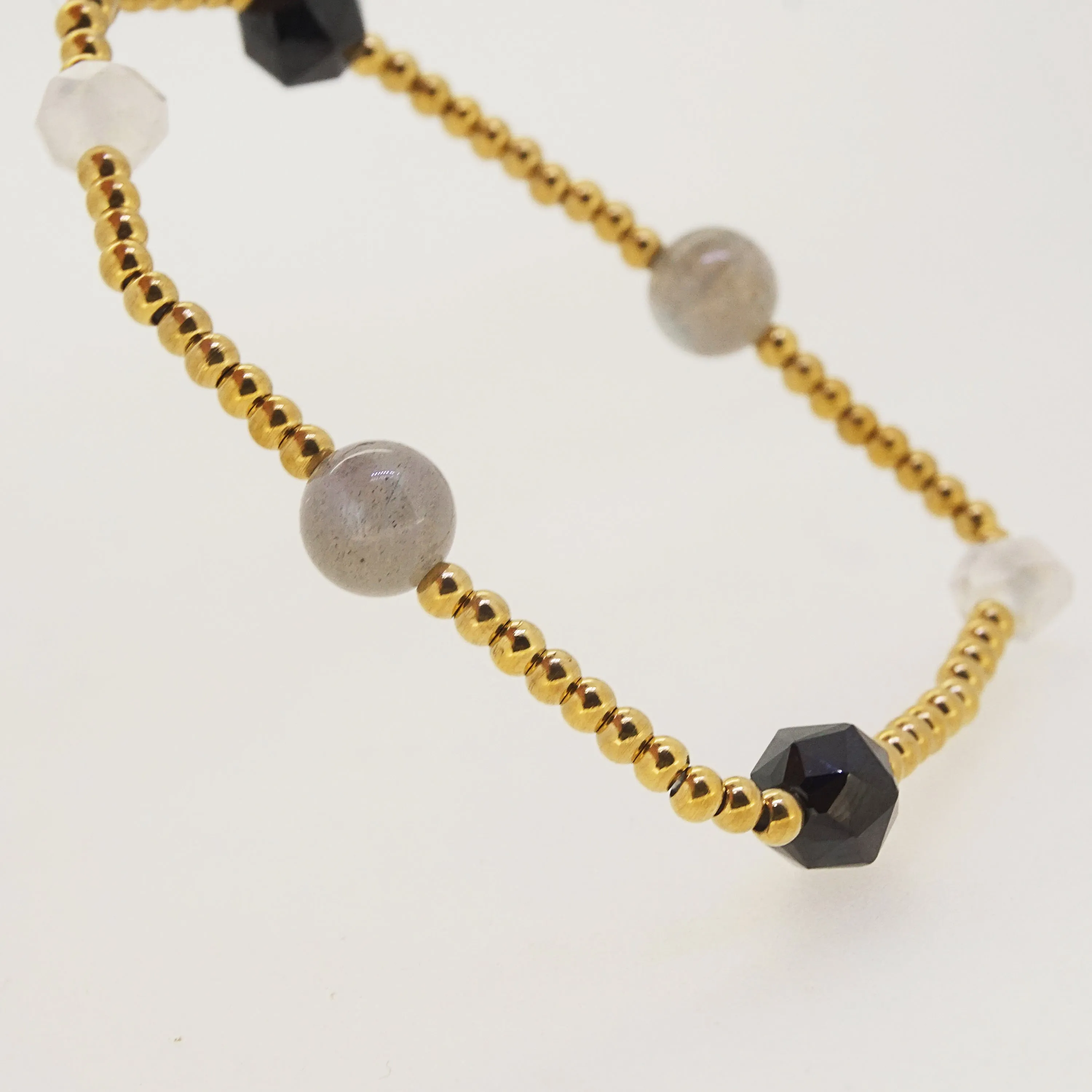 Black Spinel, Rainbow Moonstone, and Labradorite