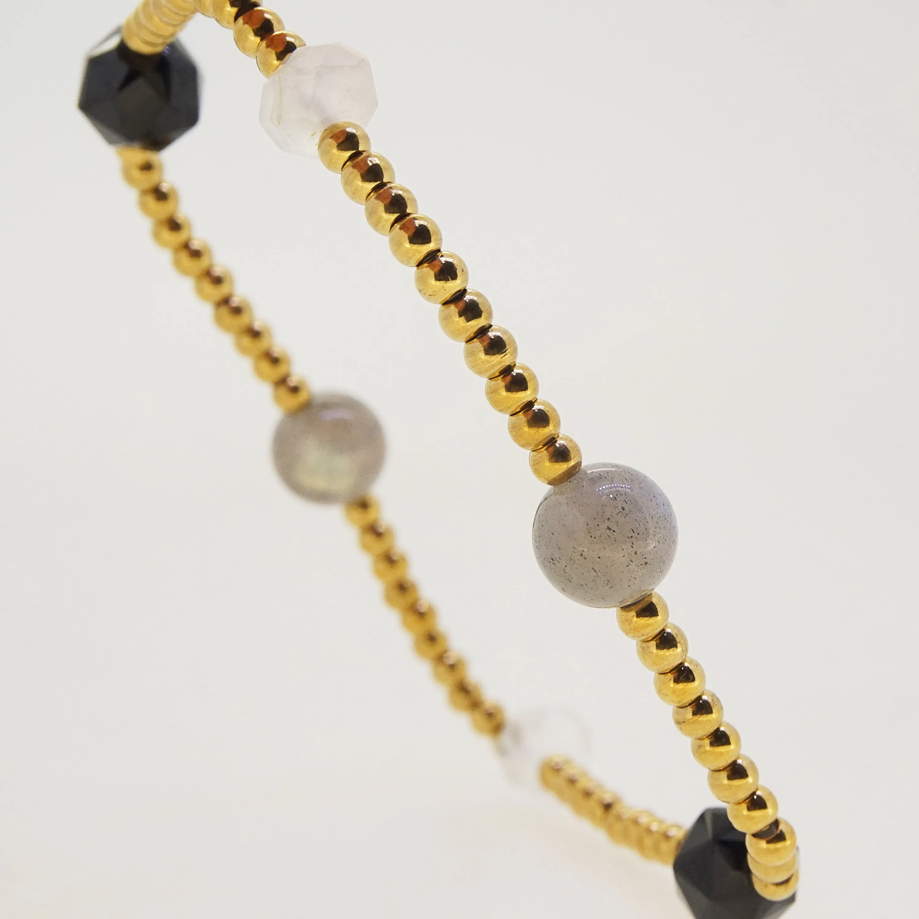 Black Spinel, Rainbow Moonstone, and Labradorite