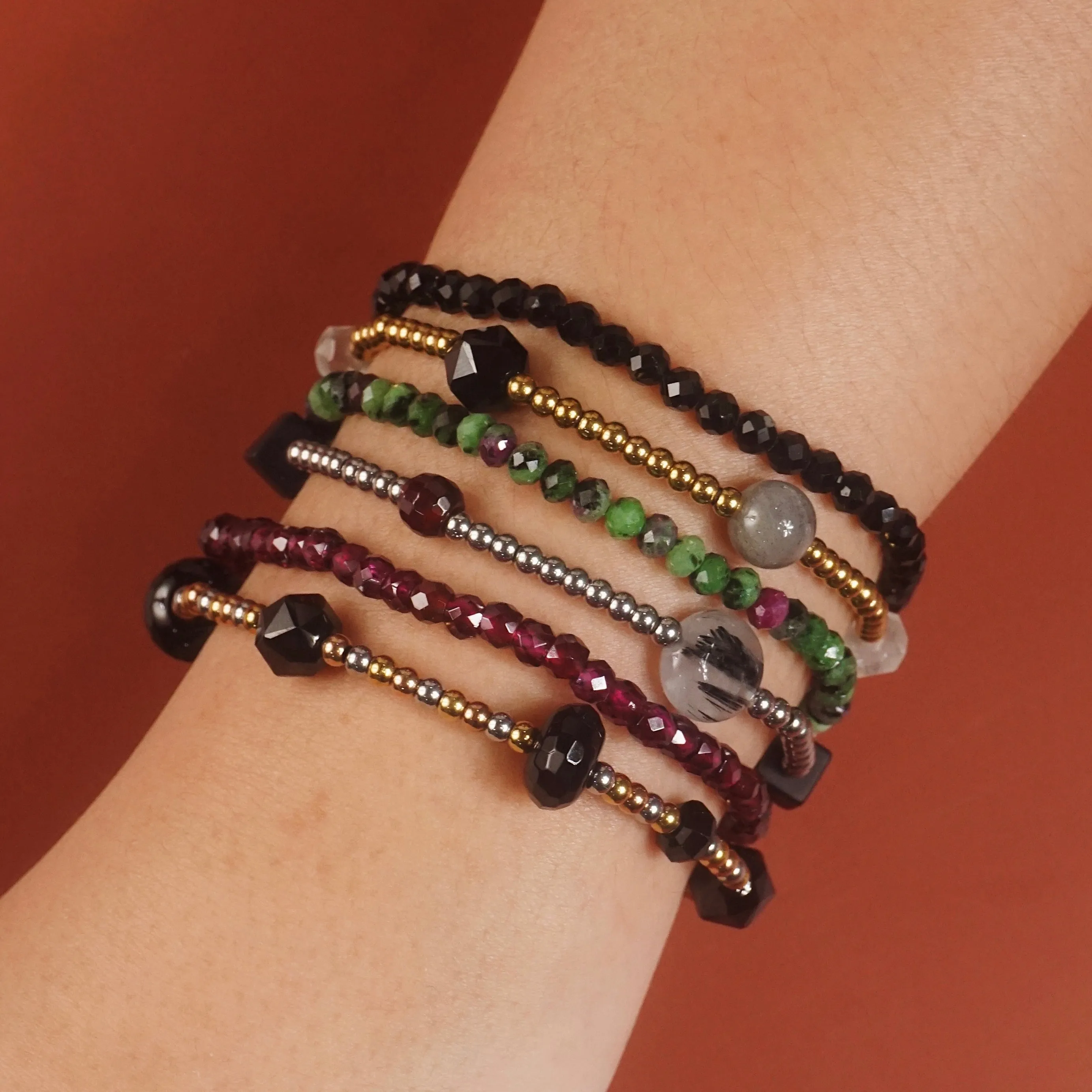 Black Spinel, Rainbow Moonstone, and Labradorite