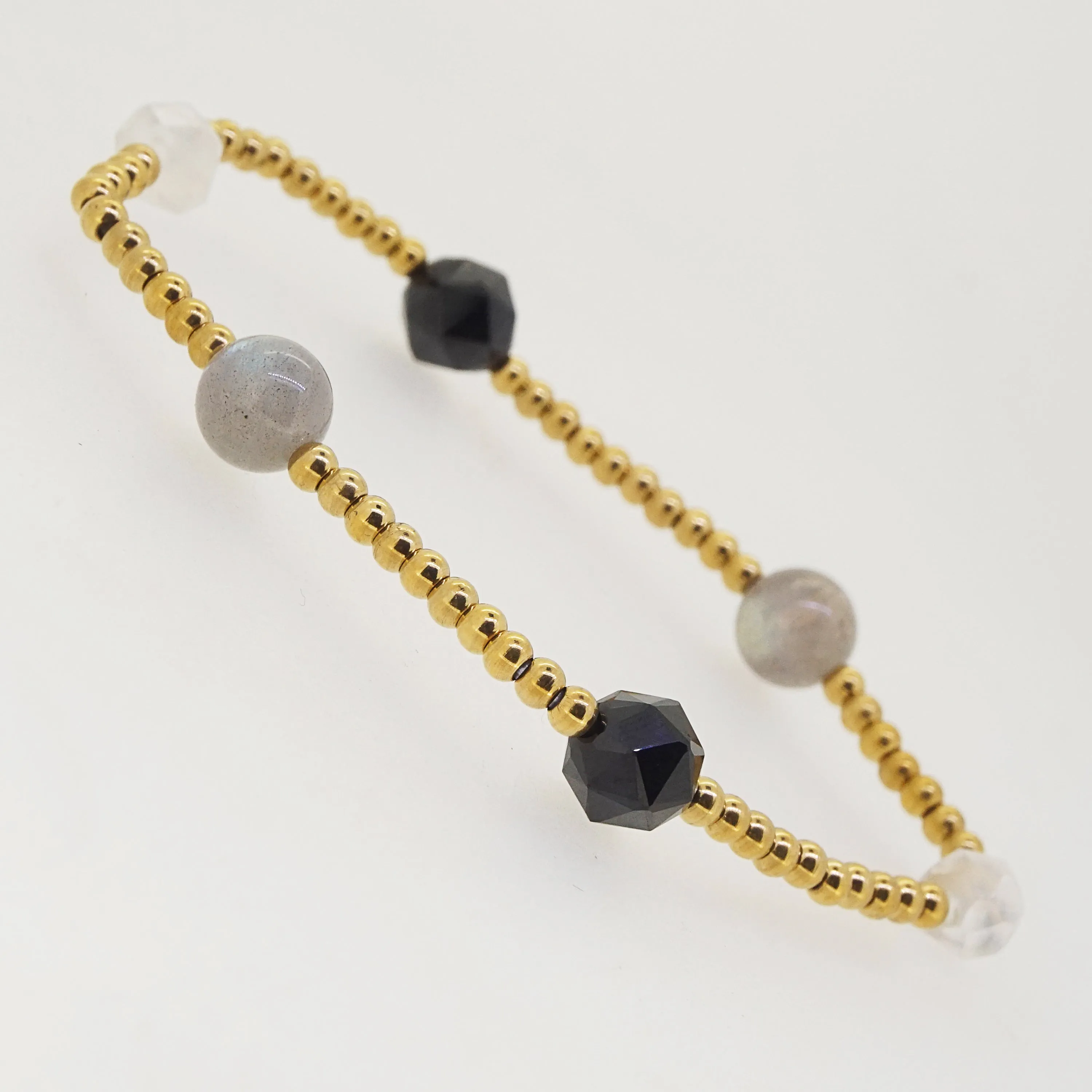 Black Spinel, Rainbow Moonstone, and Labradorite