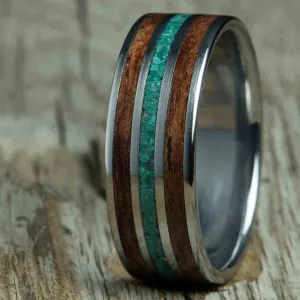 Bubinga and malachite wood wedding band with polished titanium