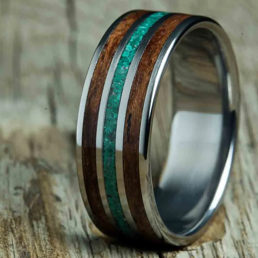 Bubinga and malachite wood wedding band with polished titanium