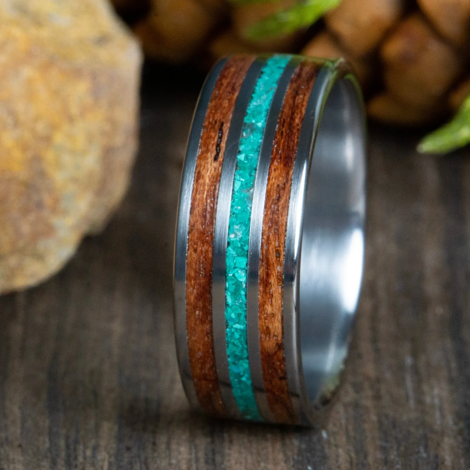Bubinga and malachite wood wedding band with polished titanium