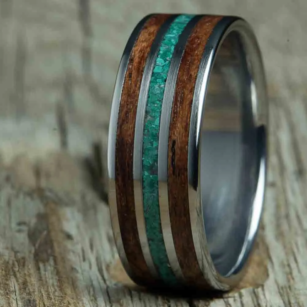 Bubinga and malachite wood wedding band with polished titanium