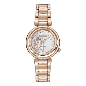 Citizen Women's Eco-Drive Disney Belle Rose Gold Stainless Steel Bracelet White Analog Dial Quartz Watch - EM0823-58D