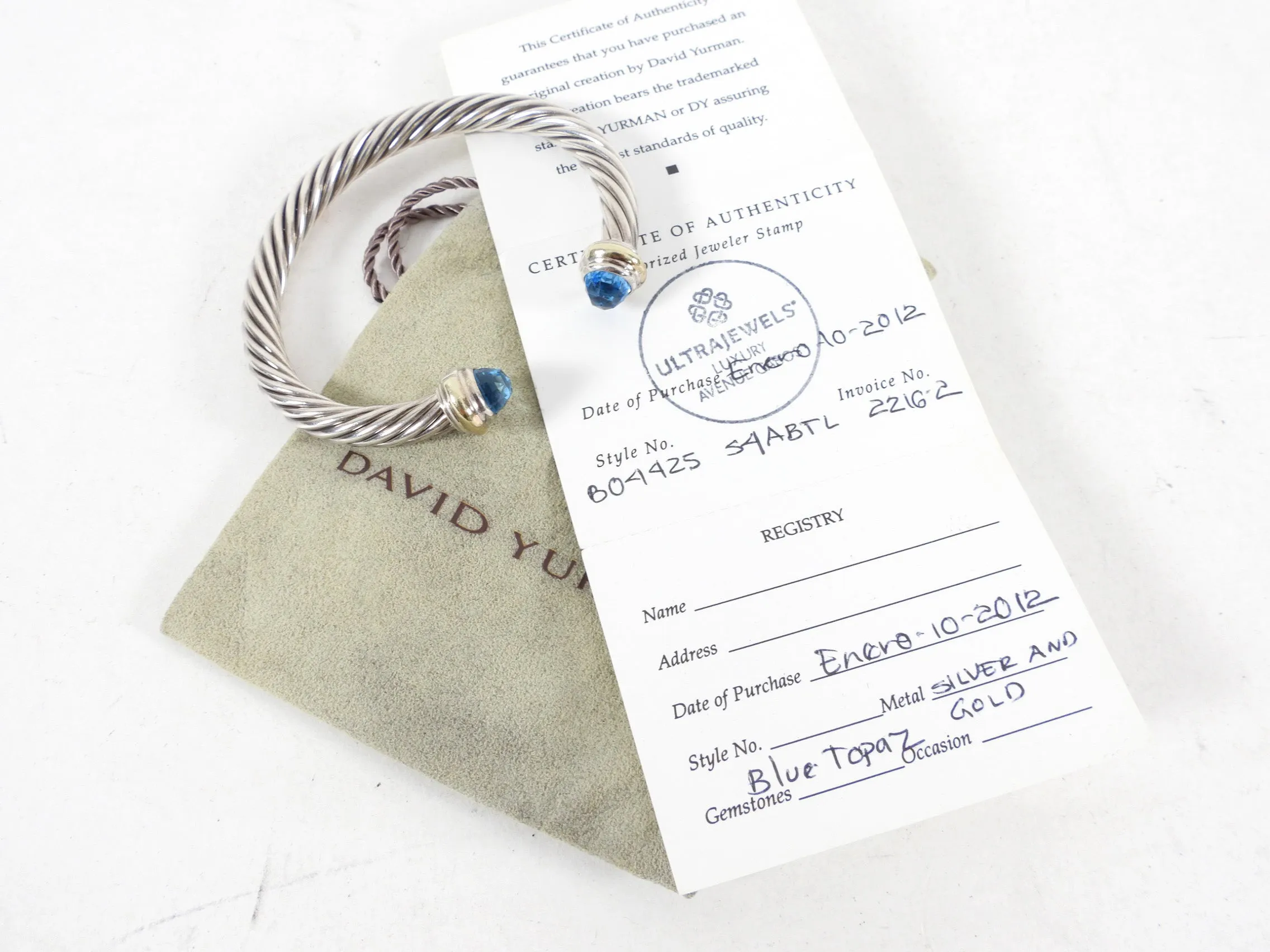 David Yurman Sterling 14k Classic Cable Blue Topaz Bracelet