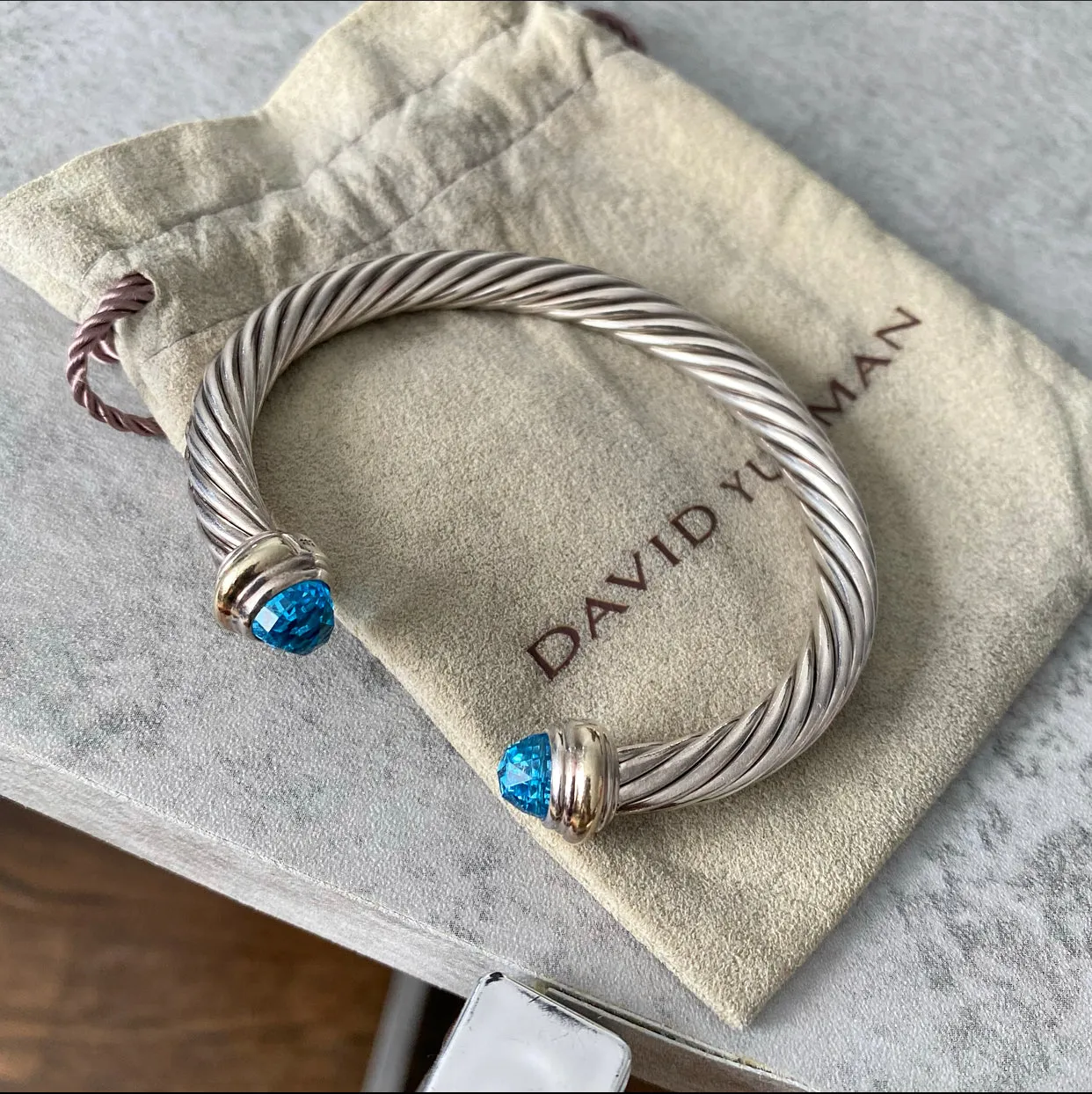 David Yurman Sterling 14k Classic Cable Blue Topaz Bracelet