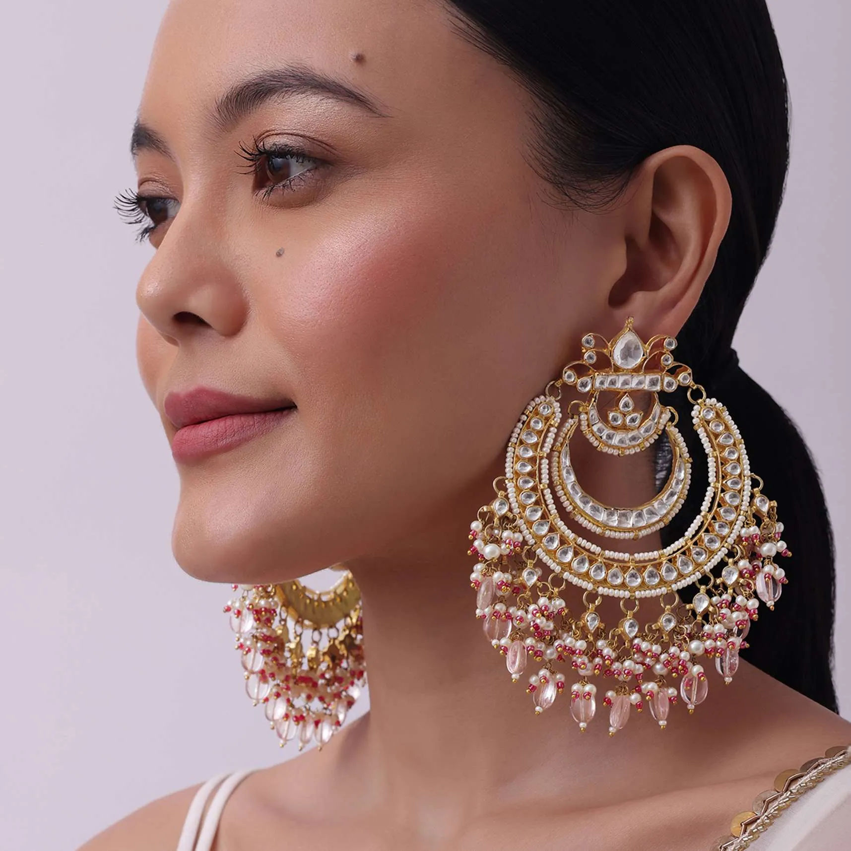 Gold Finish Chandbalis With Orange Beads And Pearl Drops