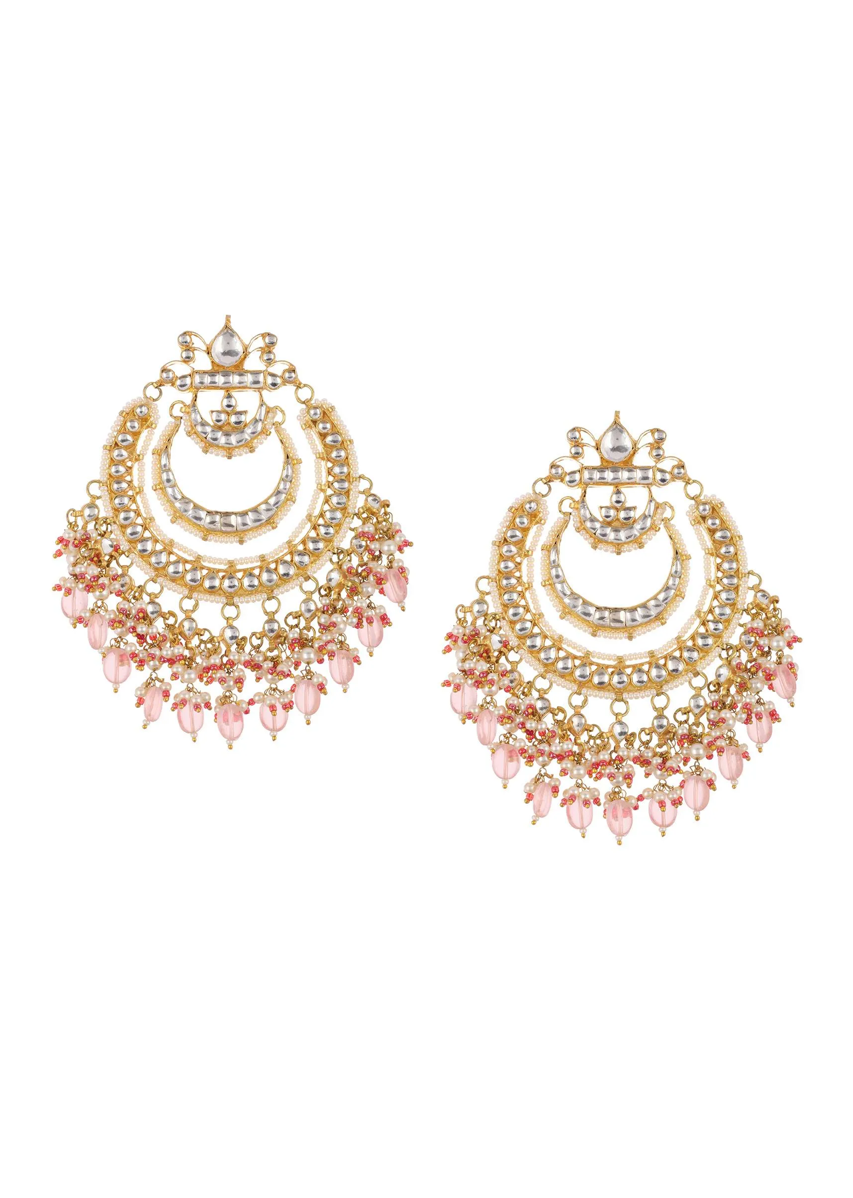 Gold Finish Chandbalis With Orange Beads And Pearl Drops