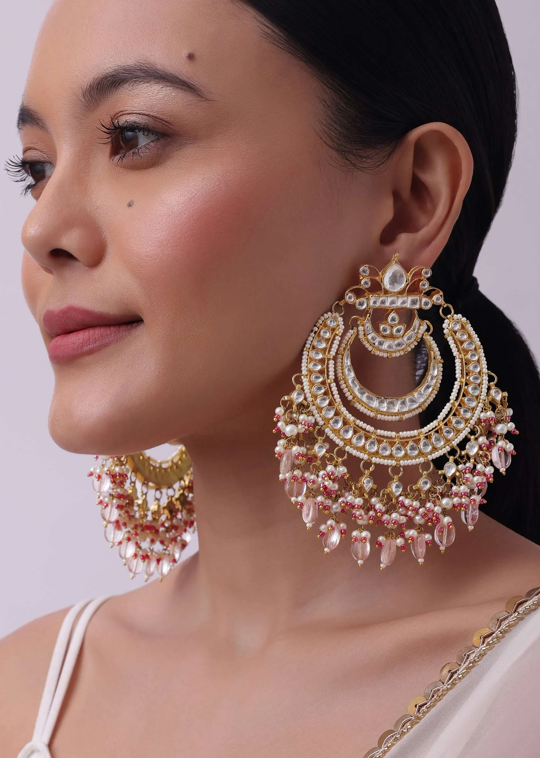 Gold Finish Chandbalis With Orange Beads And Pearl Drops