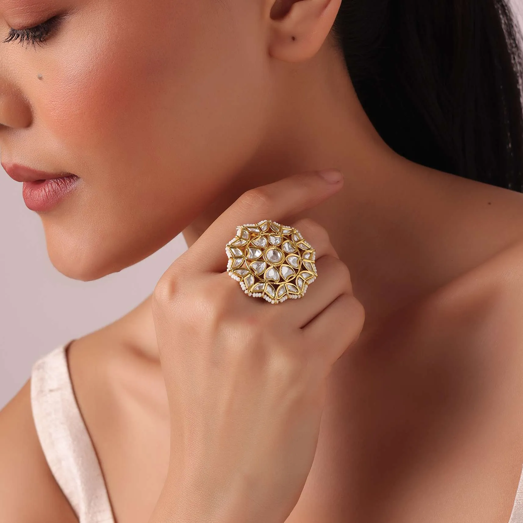 Gold Finish Floral Kundan Ring