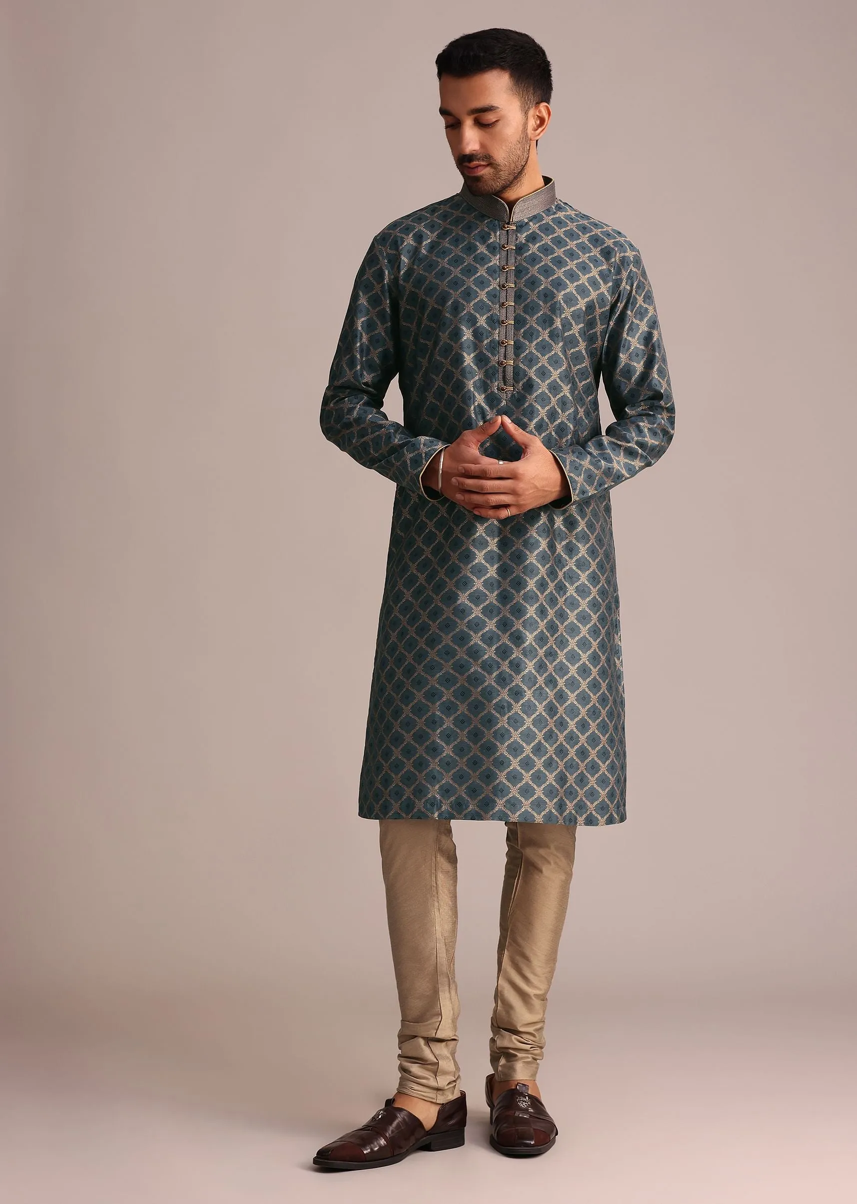 Grey Chanderi Jacquard Embroidered Kurta Set