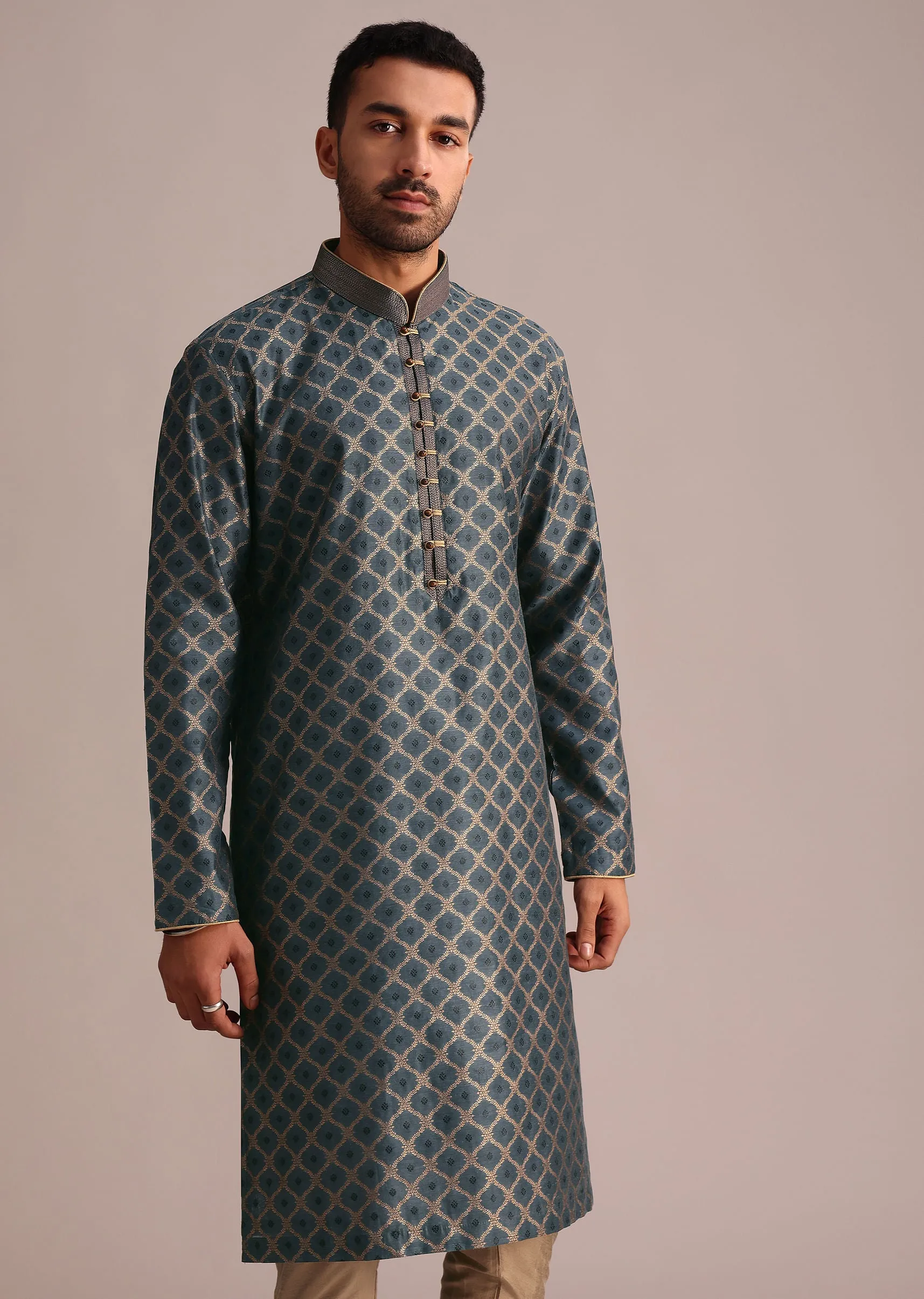 Grey Chanderi Jacquard Embroidered Kurta Set