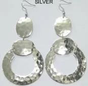 Hammered Beta Circle Link Dangle Earrings Silver Tone