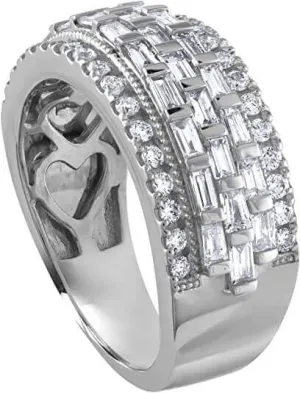 JewelMore 1.50 Carat (ctw) 14K Gold Round & Baguette Cut Diamond Ladies Anniversary Wedding Band 1.50 CT