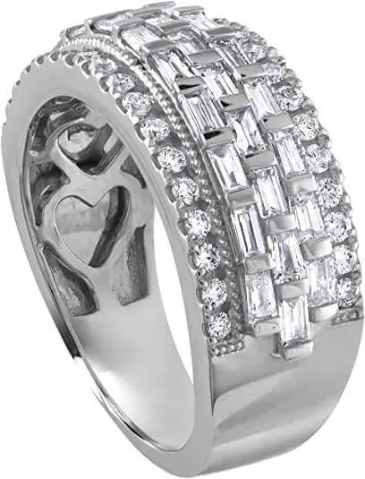 JewelMore 1.50 Carat (ctw) 14K Gold Round & Baguette Cut Diamond Ladies Anniversary Wedding Band 1.50 CT