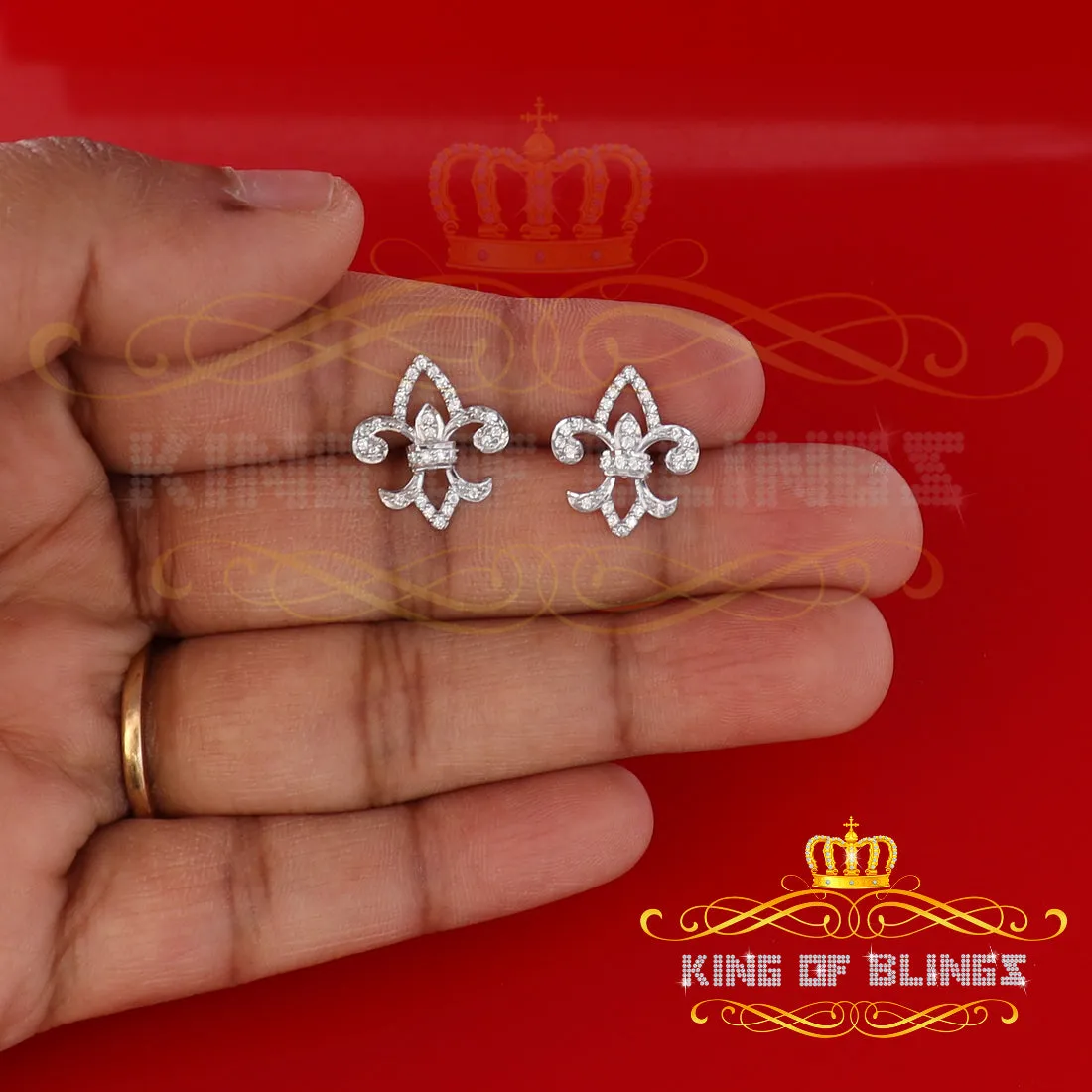King of Blings- 925 White Silver 0.60ct Cubic Zirconia Fleur de Lis Screw Back Women's Earrings