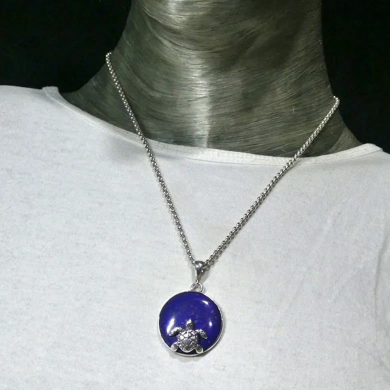 Lapis Lazuli Disc, 925 Sterlng Silver Turtle, Pendant and Earring