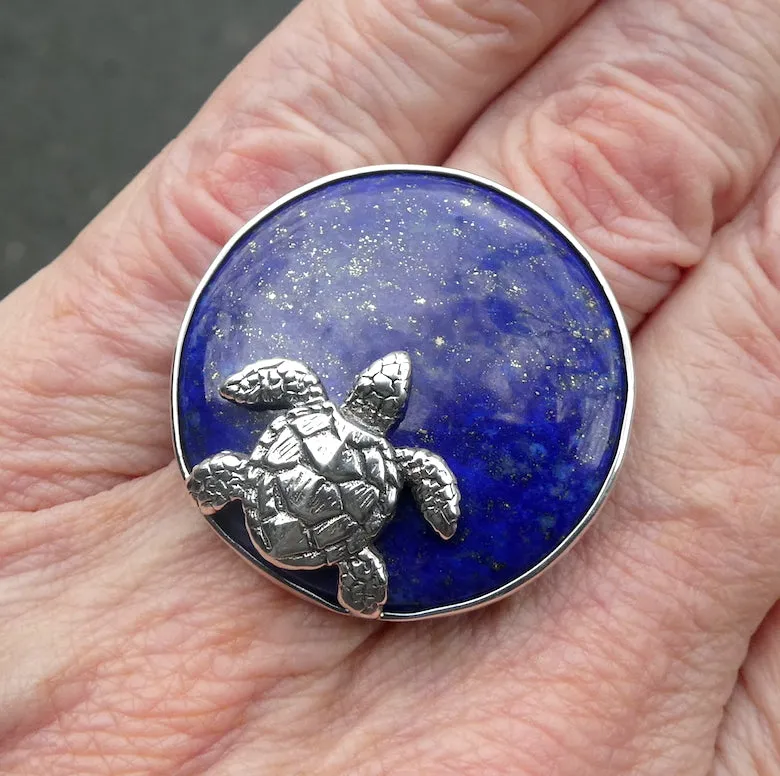 Lapis Lazuli Disc, 925 Sterlng Silver Turtle, Pendant and Earring