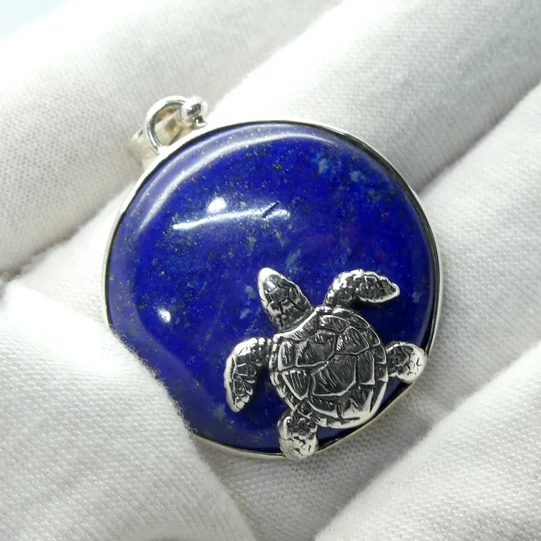 Lapis Lazuli Disc, 925 Sterlng Silver Turtle, Pendant and Earring