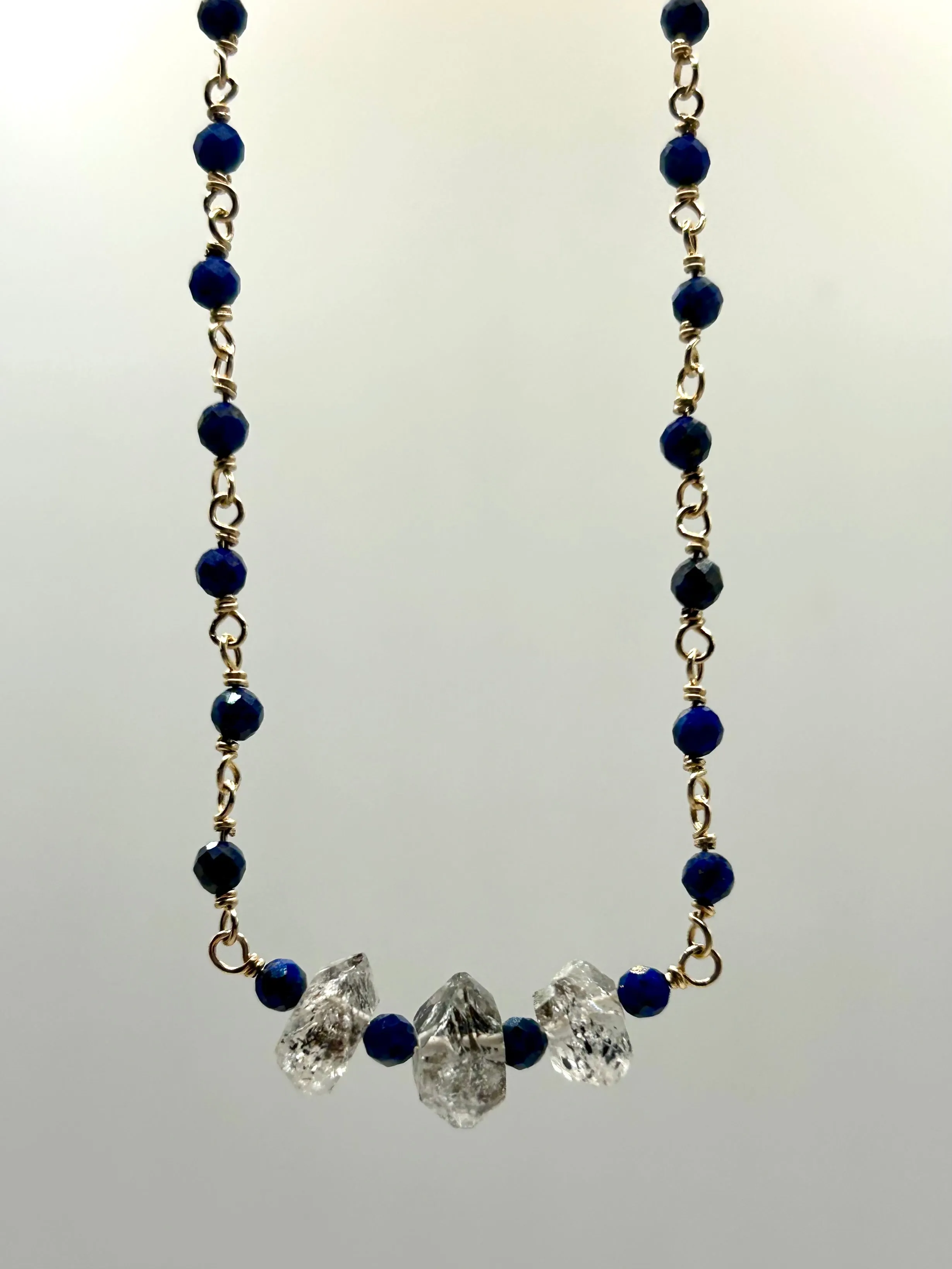 Lapiz Lazuli & Herkimer Diamond 14k Gold Fill Chain Link Gemstone Wire Wrapped Necklace