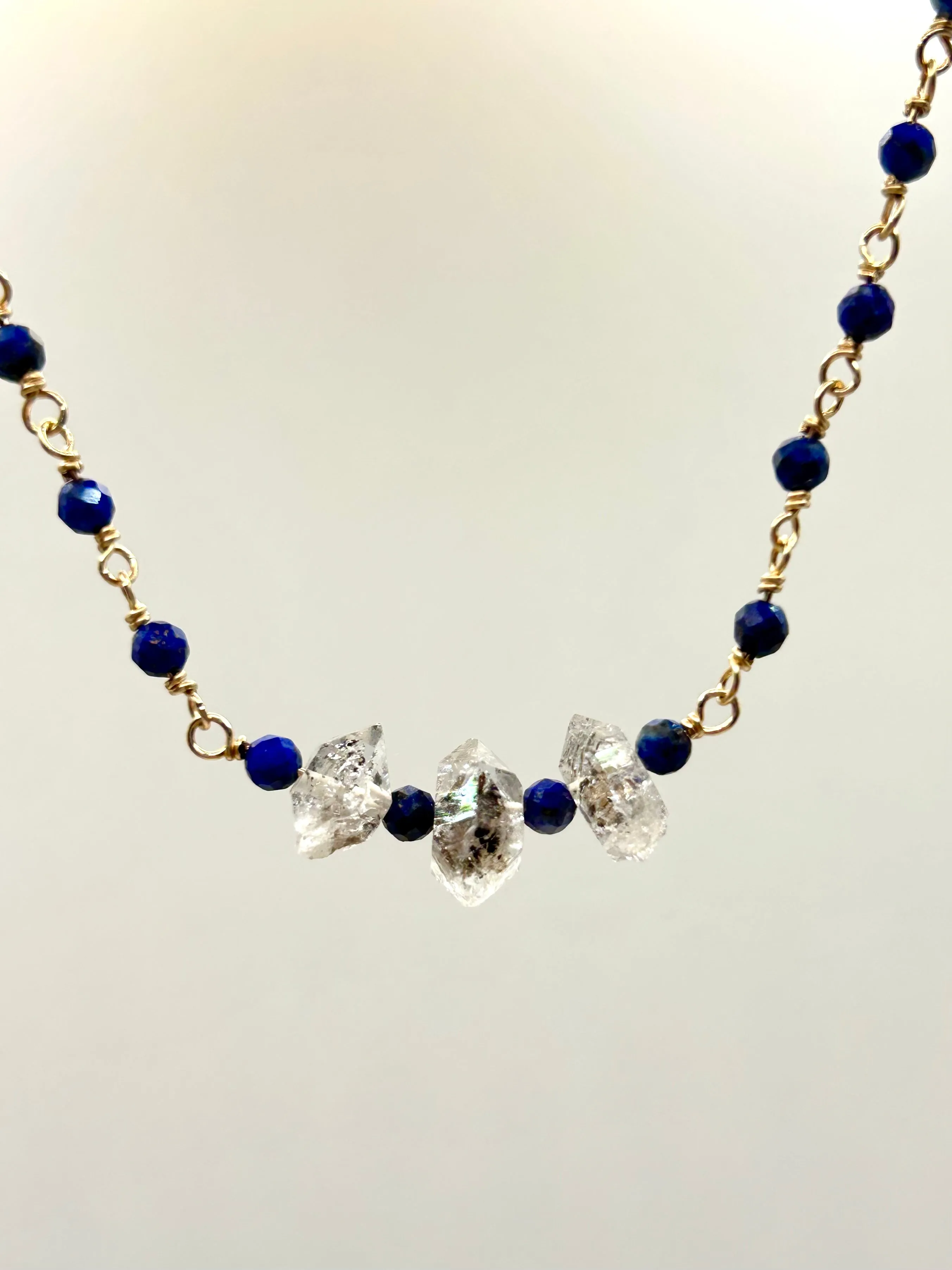 Lapiz Lazuli & Herkimer Diamond 14k Gold Fill Chain Link Gemstone Wire Wrapped Necklace
