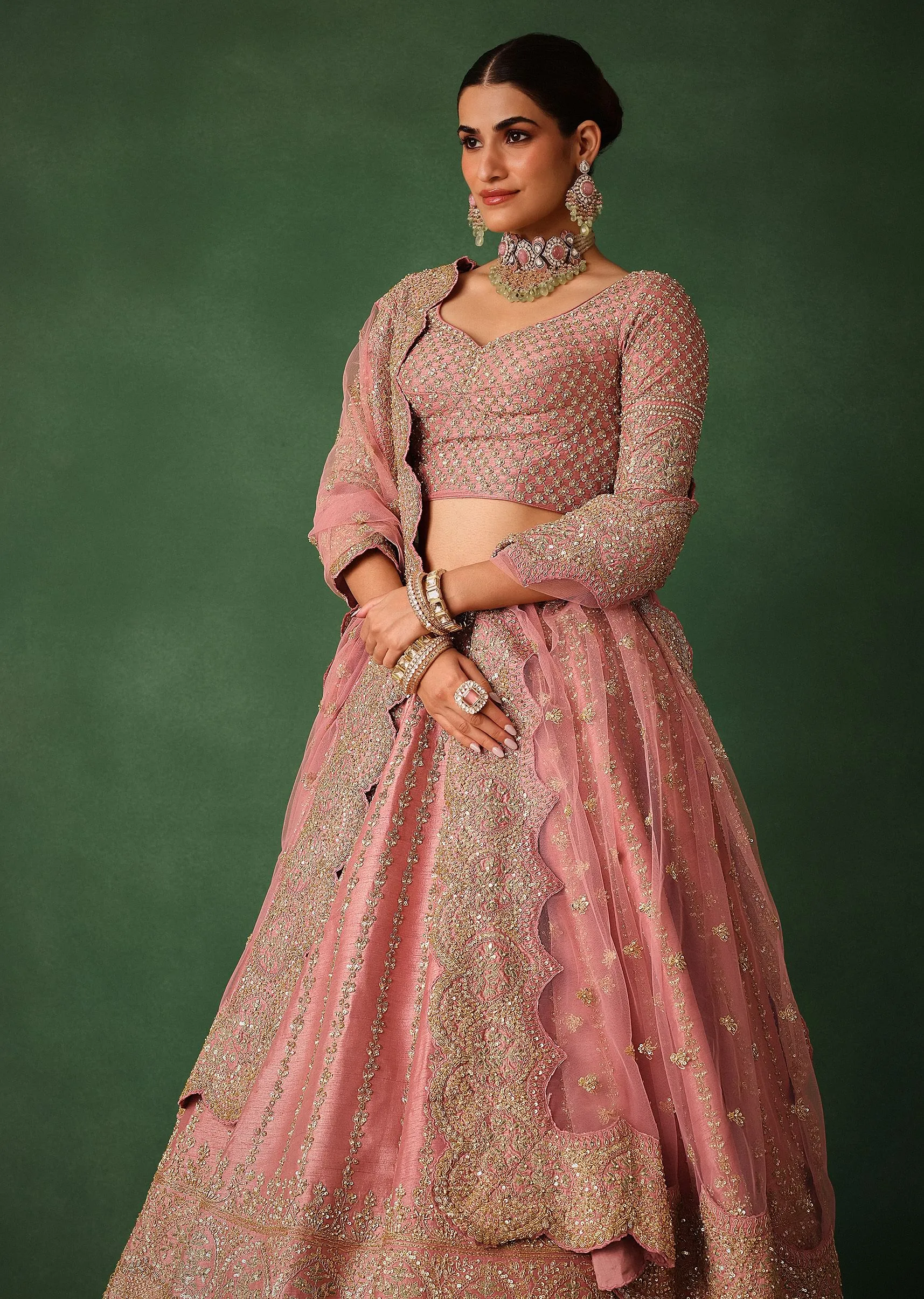 Light Pink Raw Silk Hand Embroidered Lehenga Set