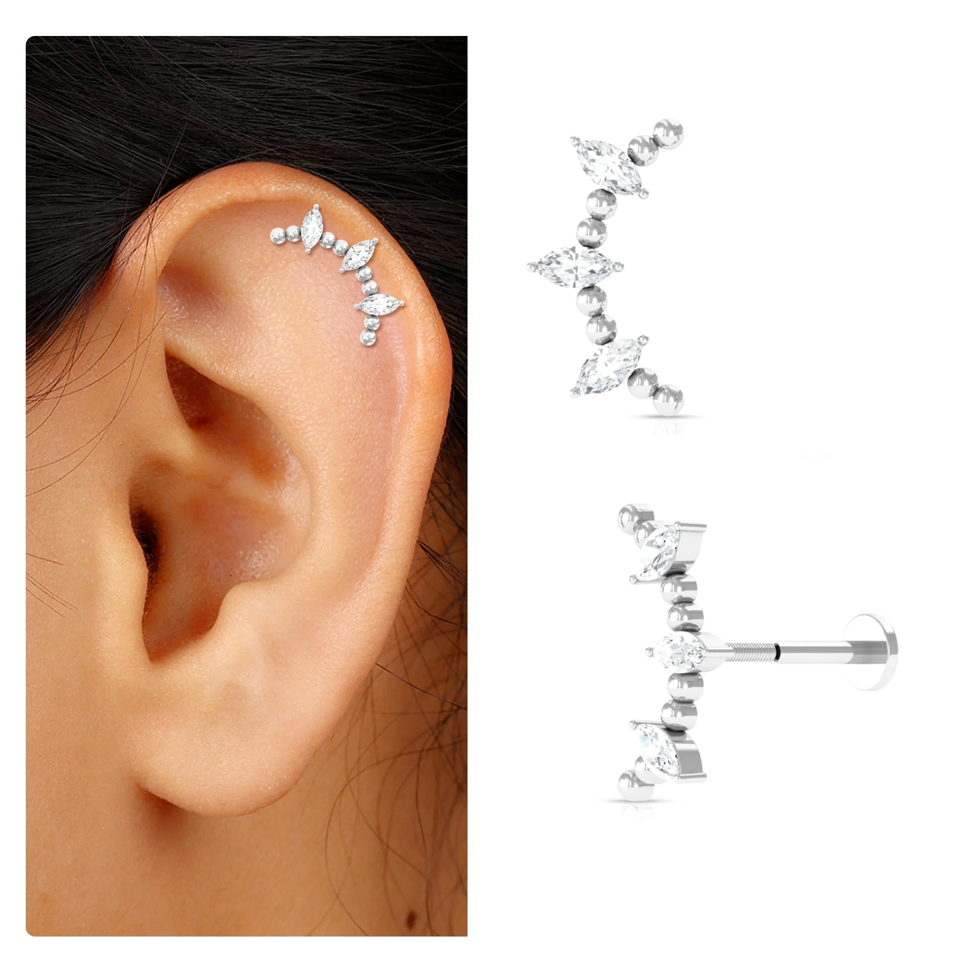 Marquise Moissanite Gold Beaded Crawler Earring