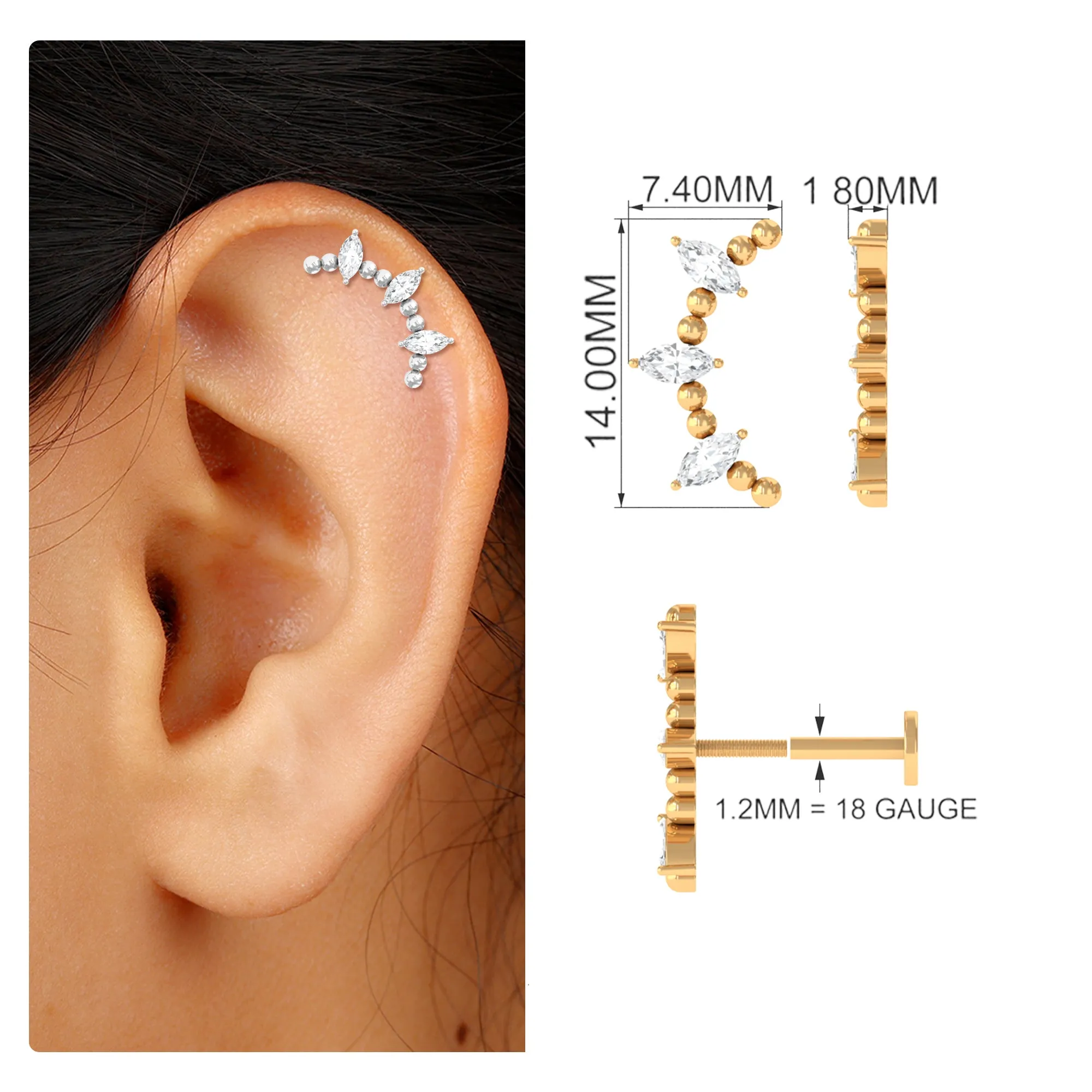 Marquise Moissanite Gold Beaded Crawler Earring