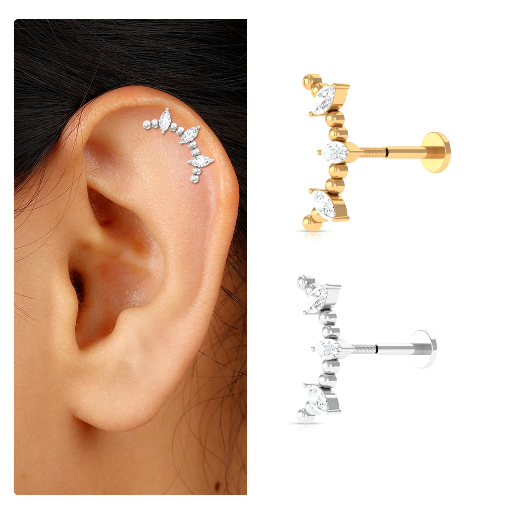 Marquise Moissanite Gold Beaded Crawler Earring
