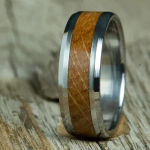 Mens wedding band with Whiskey barrel wood inlay-beveled edge