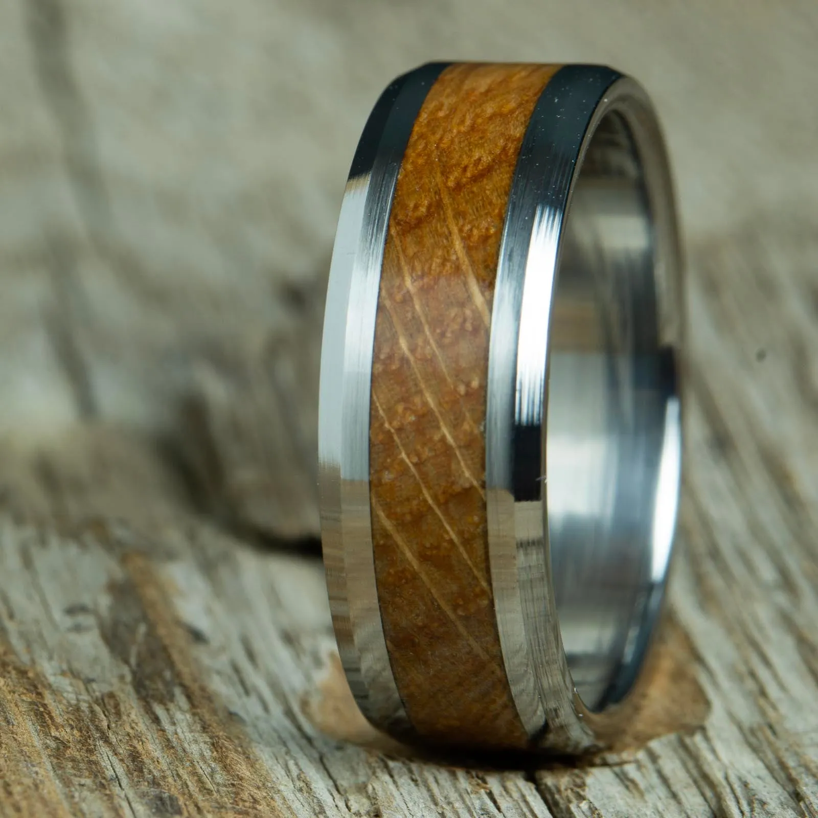 Mens wedding band with Whiskey barrel wood inlay-beveled edge