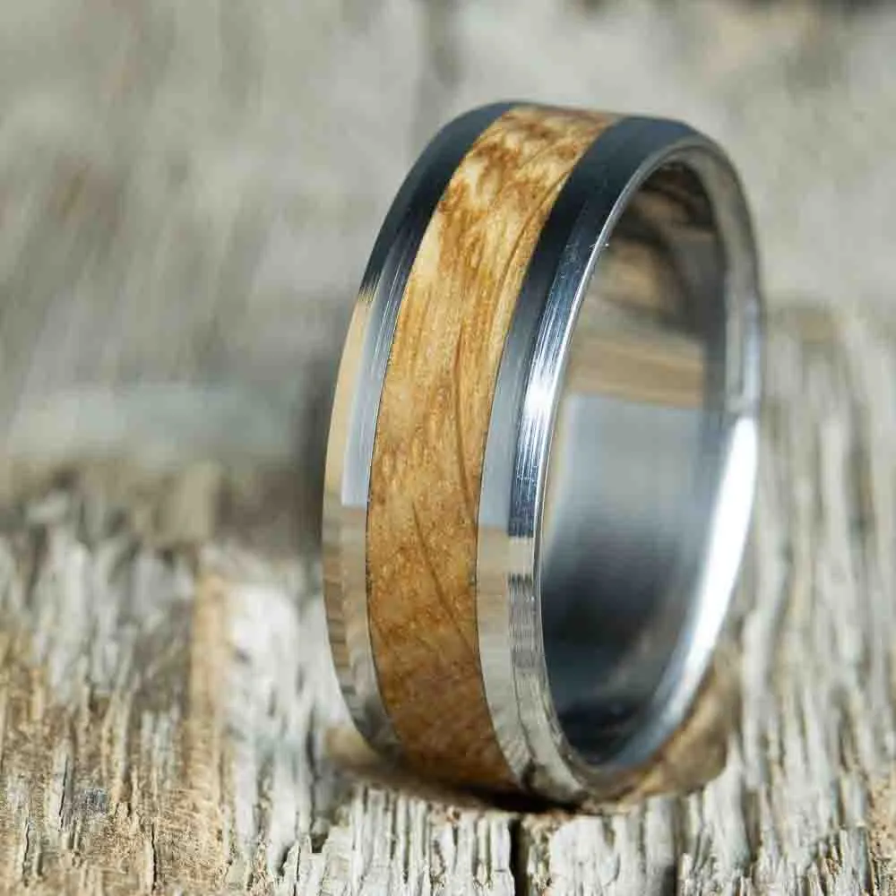 Mens wedding band with Whiskey barrel wood inlay-beveled edge