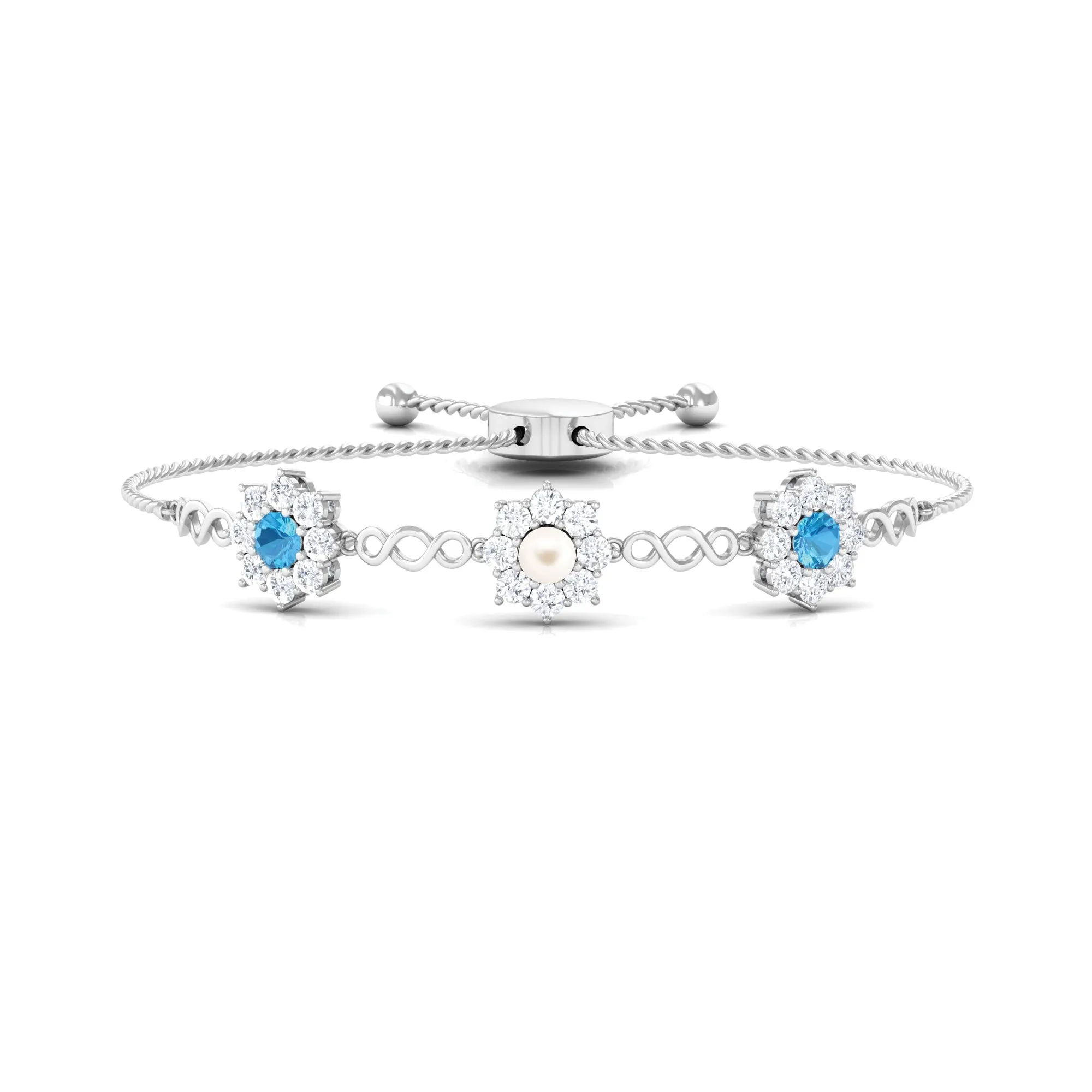 Nature Inspired Freshwater Pearl Bolo Bracelet with Blue Topaz and Diamond