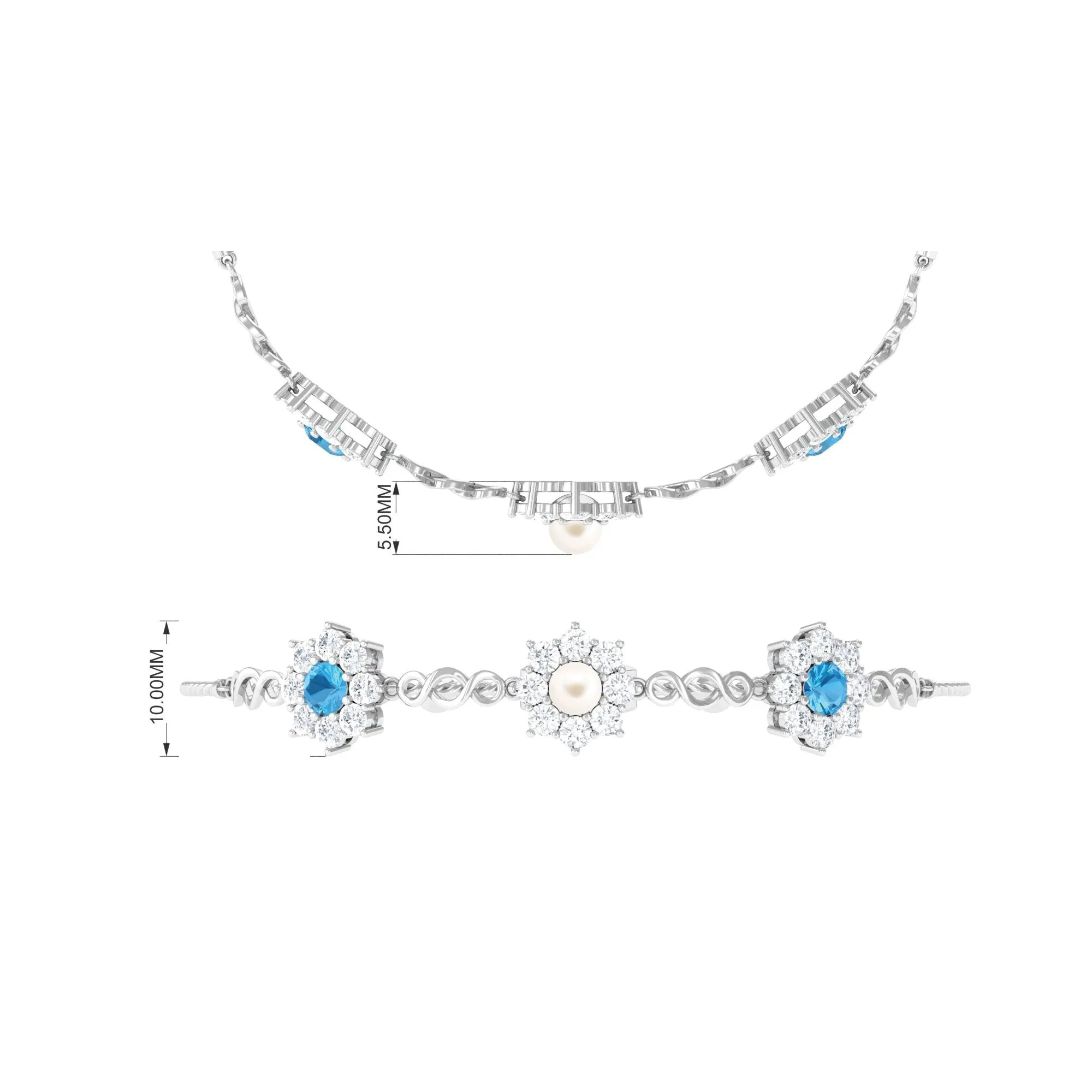 Nature Inspired Freshwater Pearl Bolo Bracelet with Blue Topaz and Diamond