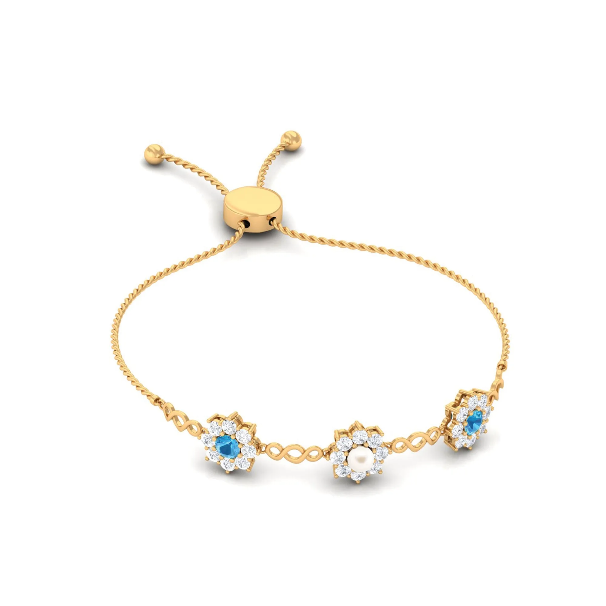 Nature Inspired Freshwater Pearl Bolo Bracelet with Blue Topaz and Diamond