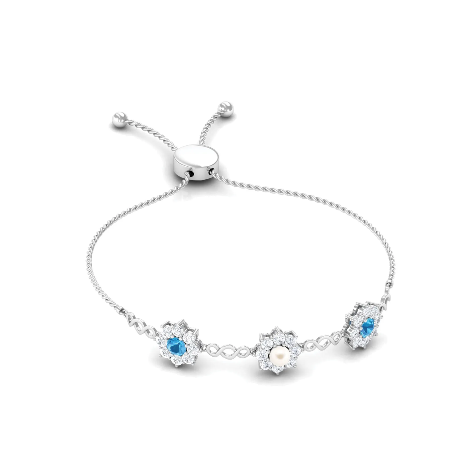 Nature Inspired Freshwater Pearl Bolo Bracelet with Blue Topaz and Diamond