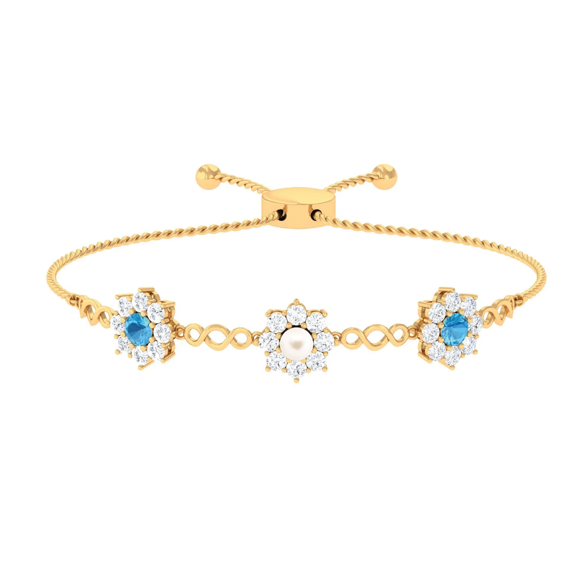 Nature Inspired Freshwater Pearl Bolo Bracelet with Blue Topaz and Diamond